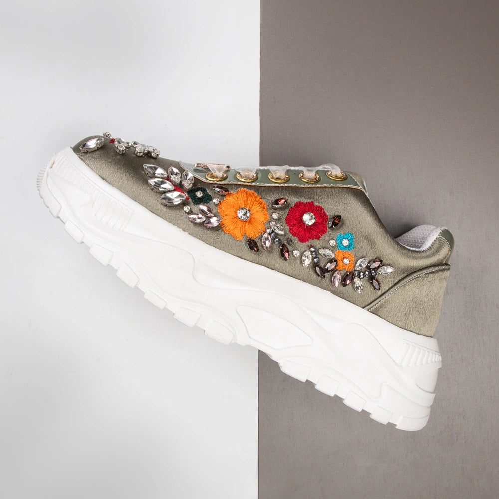 The Vivienne Luxury Silver Satin Embellished Trainer