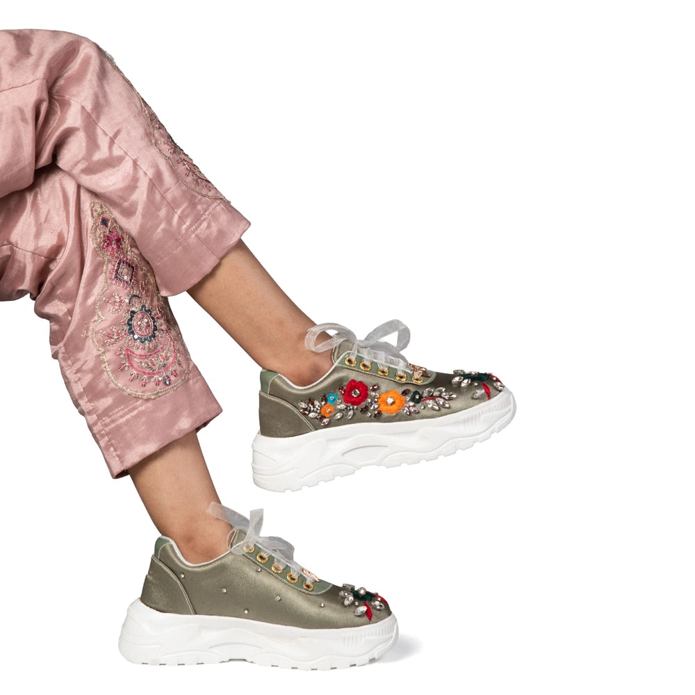 The Vivienne Luxury Silver Satin Embellished Trainer