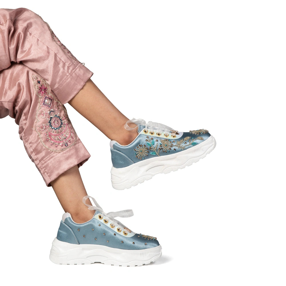 The Celeste Luxury Pearl Satin Embellished Trainer