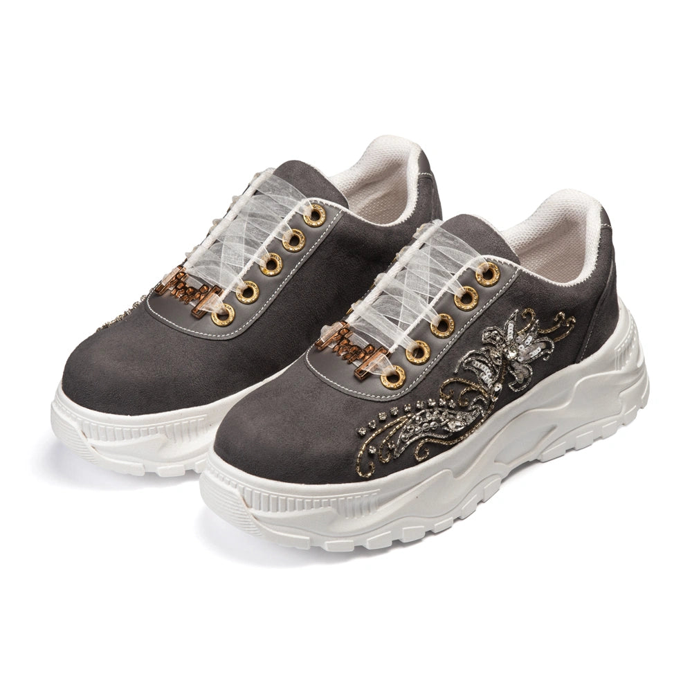 The Alessia Luxury Charcoal Satin Embellished Trainer