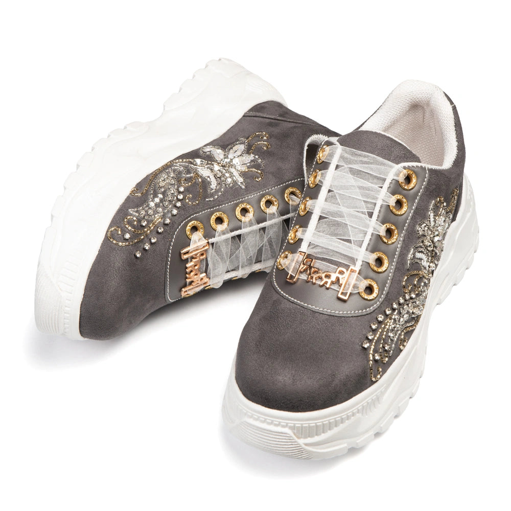 The Alessia Luxury Charcoal Satin Embellished Trainer