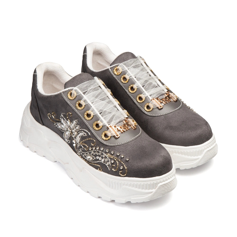 The Alessia Luxury Charcoal Satin Embellished Trainer