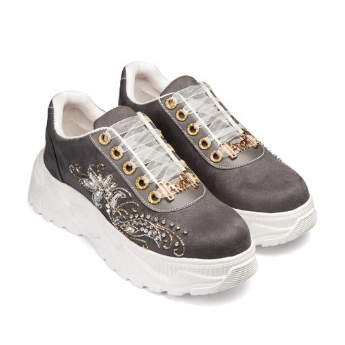 The Alessia Luxury Charcoal Satin Embellished Trainer