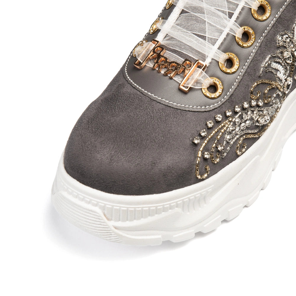The Alessia Luxury Charcoal Satin Embellished Trainer