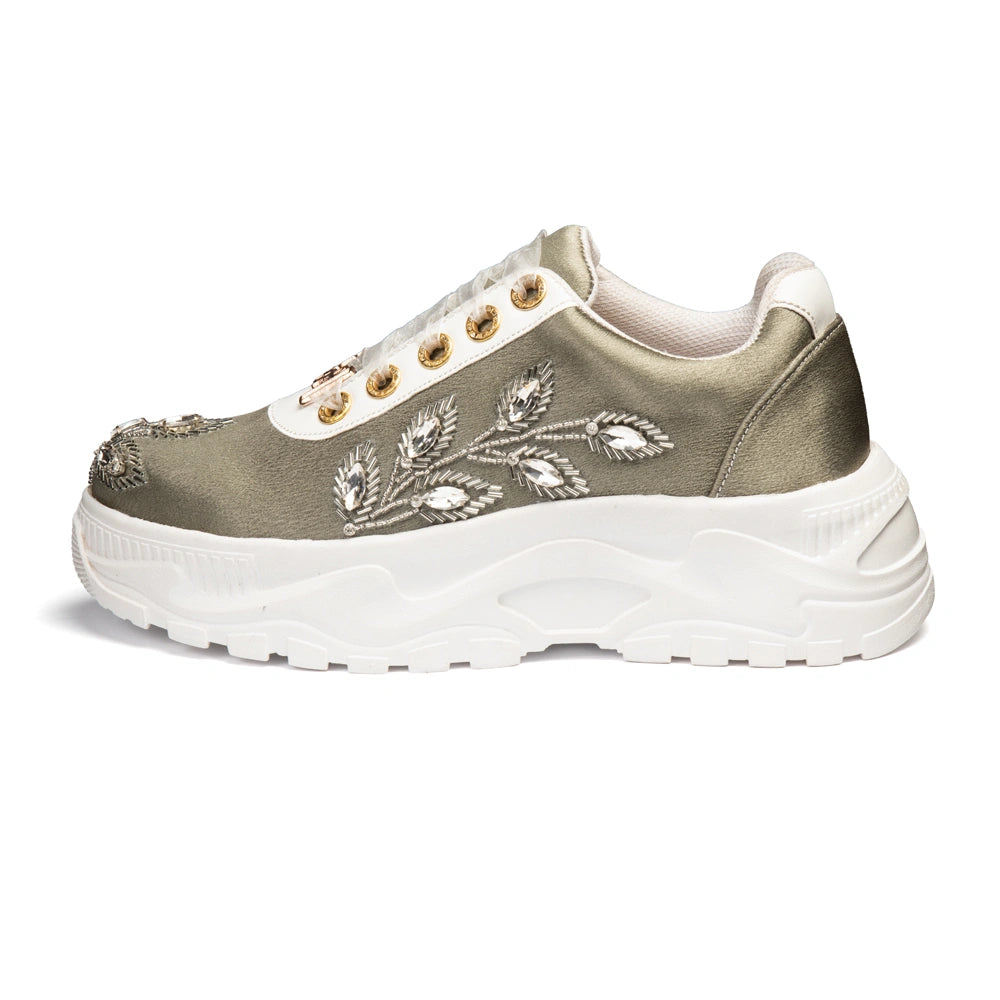 The Elira Luxury Sage Green Satin Embellished Trainer