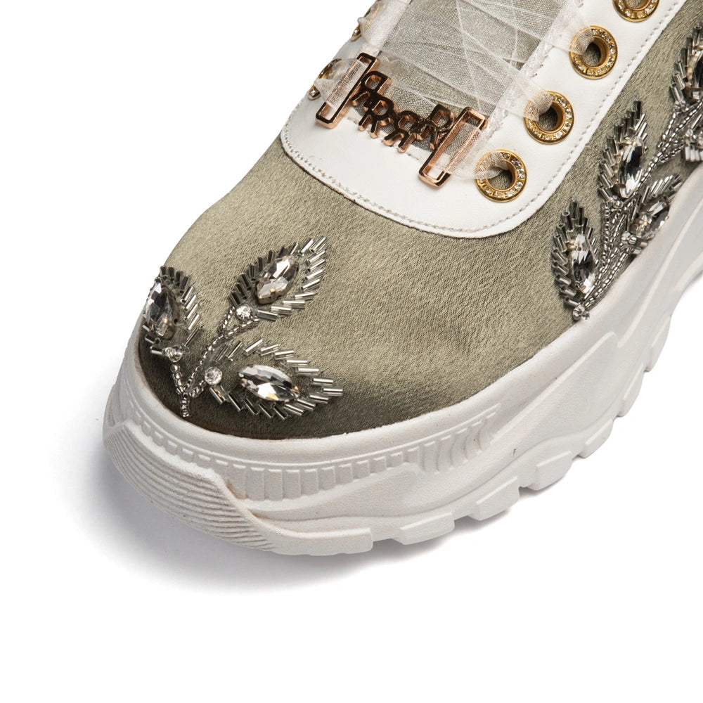 The Elira Luxury Sage Green Satin Embellished Trainer