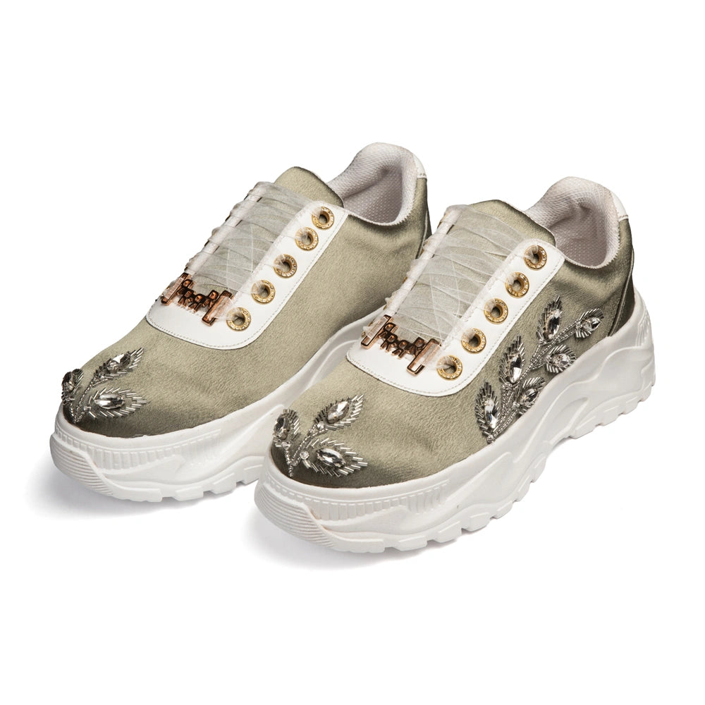 The Elira Luxury Sage Green Satin Embellished Trainer