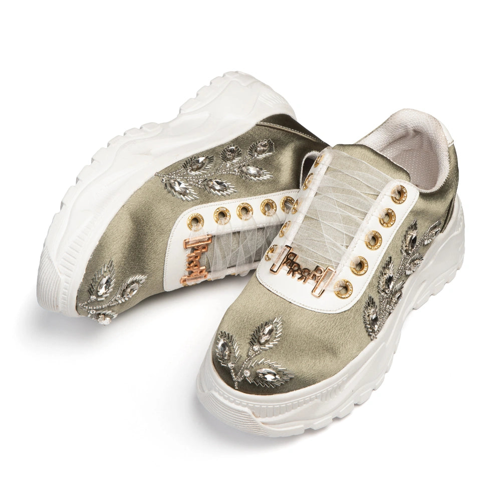 The Elira Luxury Sage Green Satin Embellished Trainer
