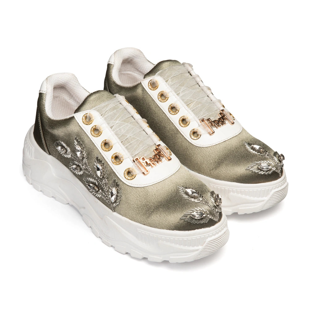 The Elira Luxury Sage Green Satin Embellished Trainer