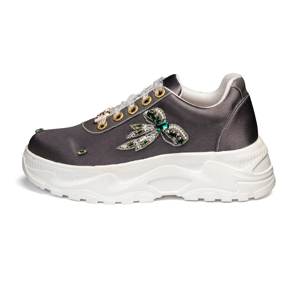 The Seraphina Luxury Grey Satin Embellished Trainer