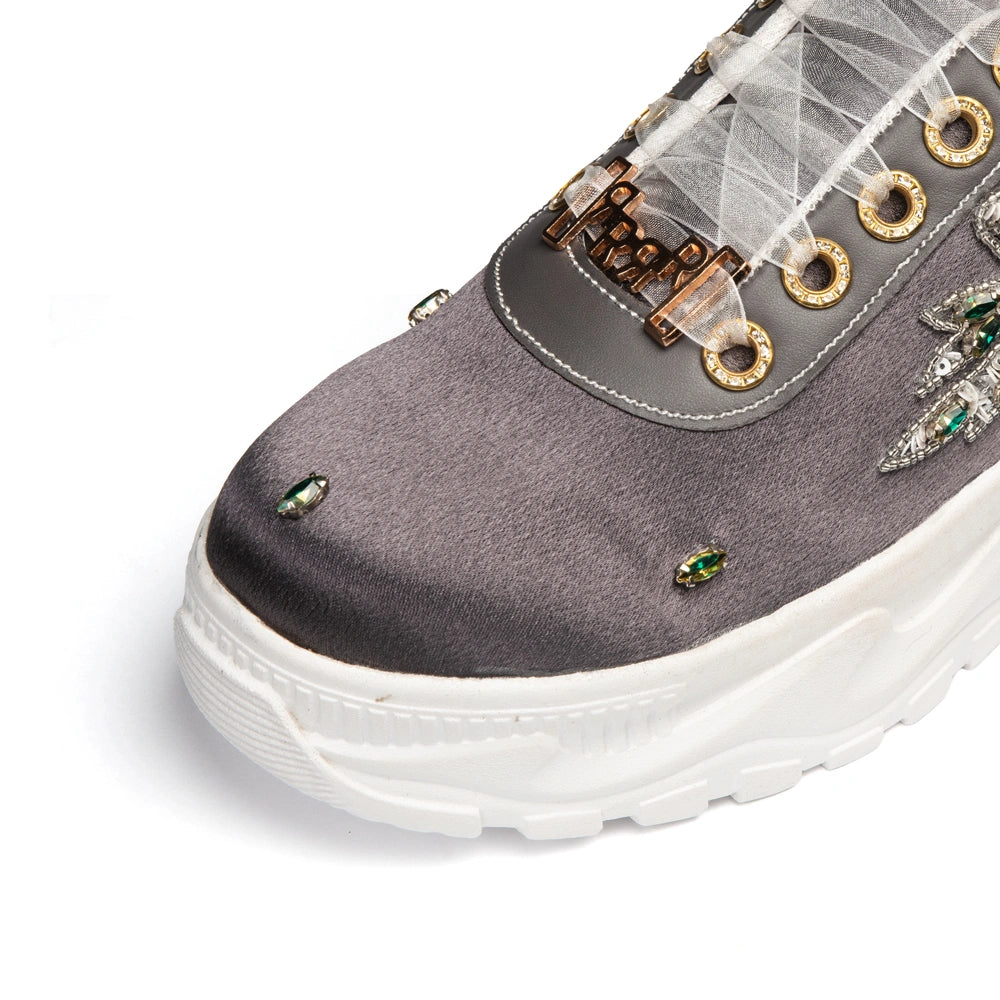 The Seraphina Luxury Grey Satin Embellished Trainer