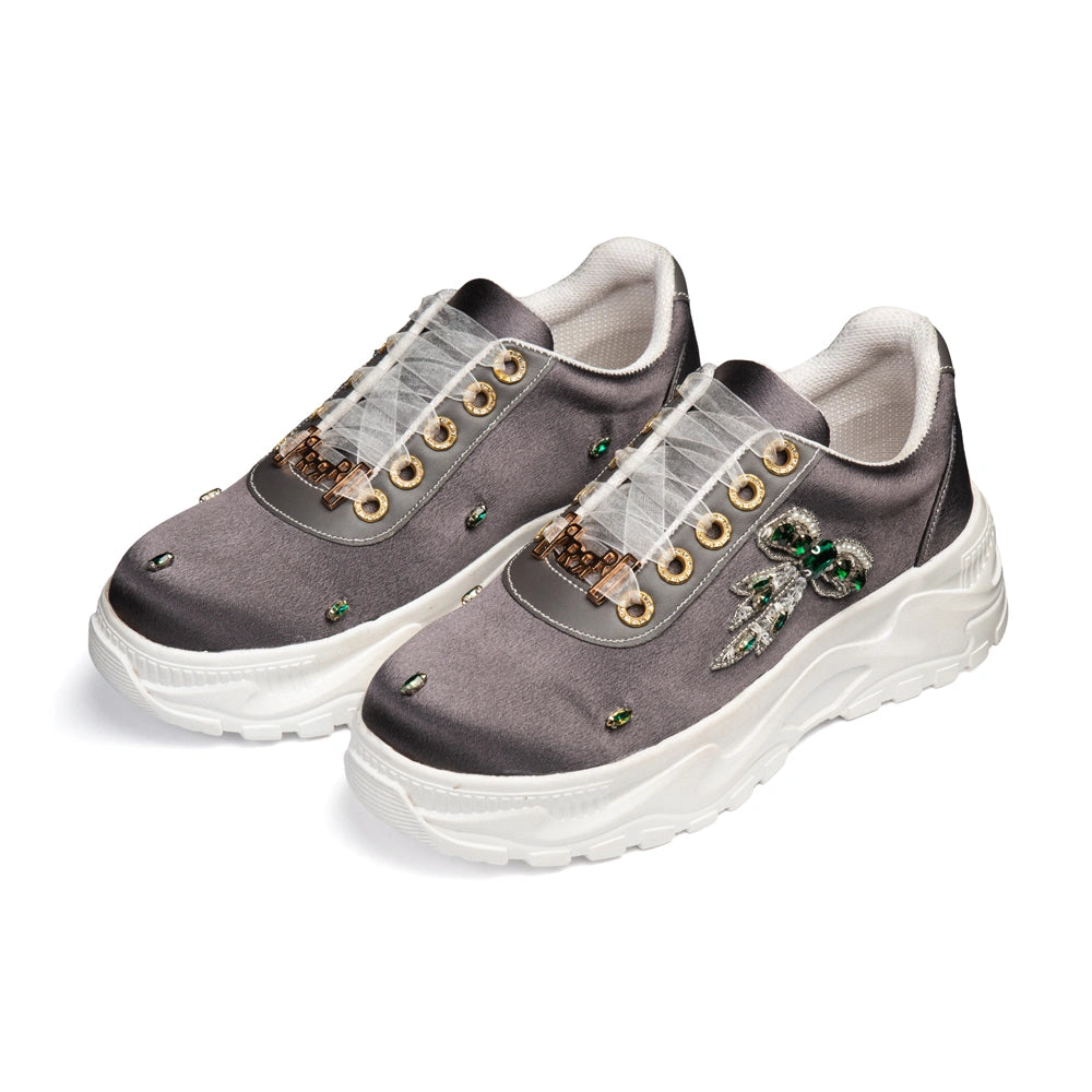 The Seraphina Luxury Grey Satin Embellished Trainer