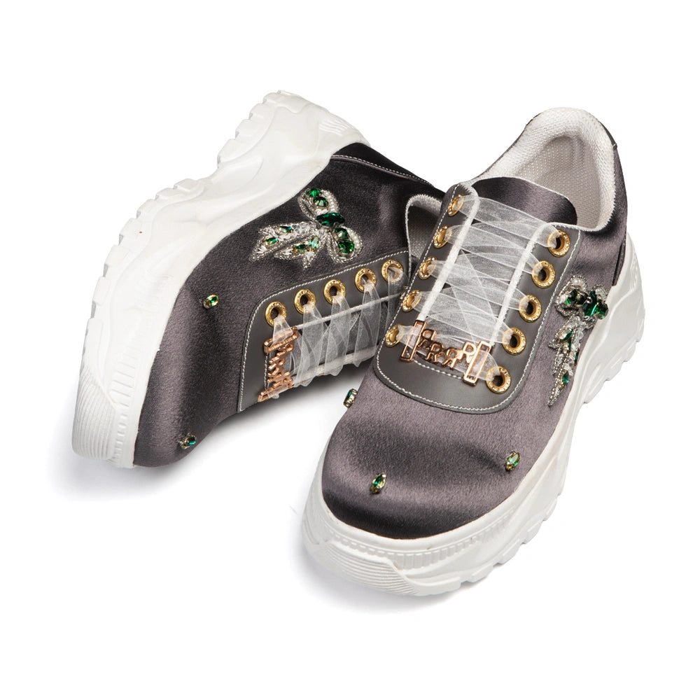 The Seraphina Luxury Grey Satin Embellished Trainer