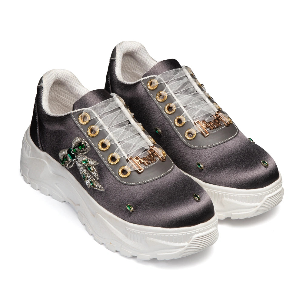The Seraphina Luxury Grey Satin Embellished Trainer