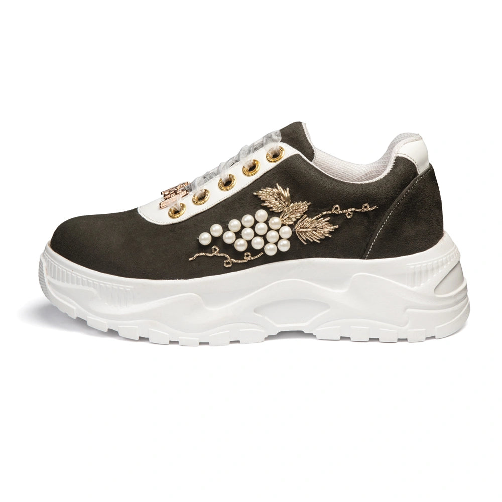 The Marcella Luxury Olive Pearl Satin Embellished Trainer