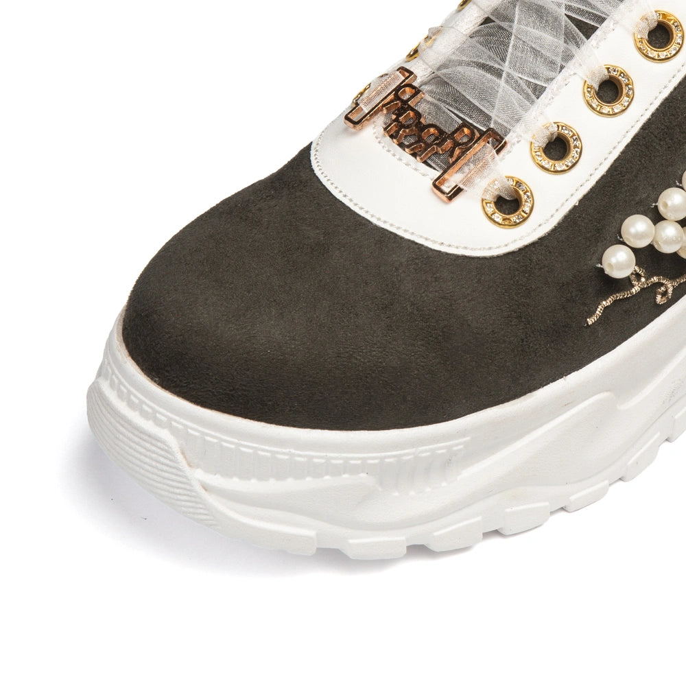 The Marcella Luxury Olive Pearl Satin Embellished Trainer
