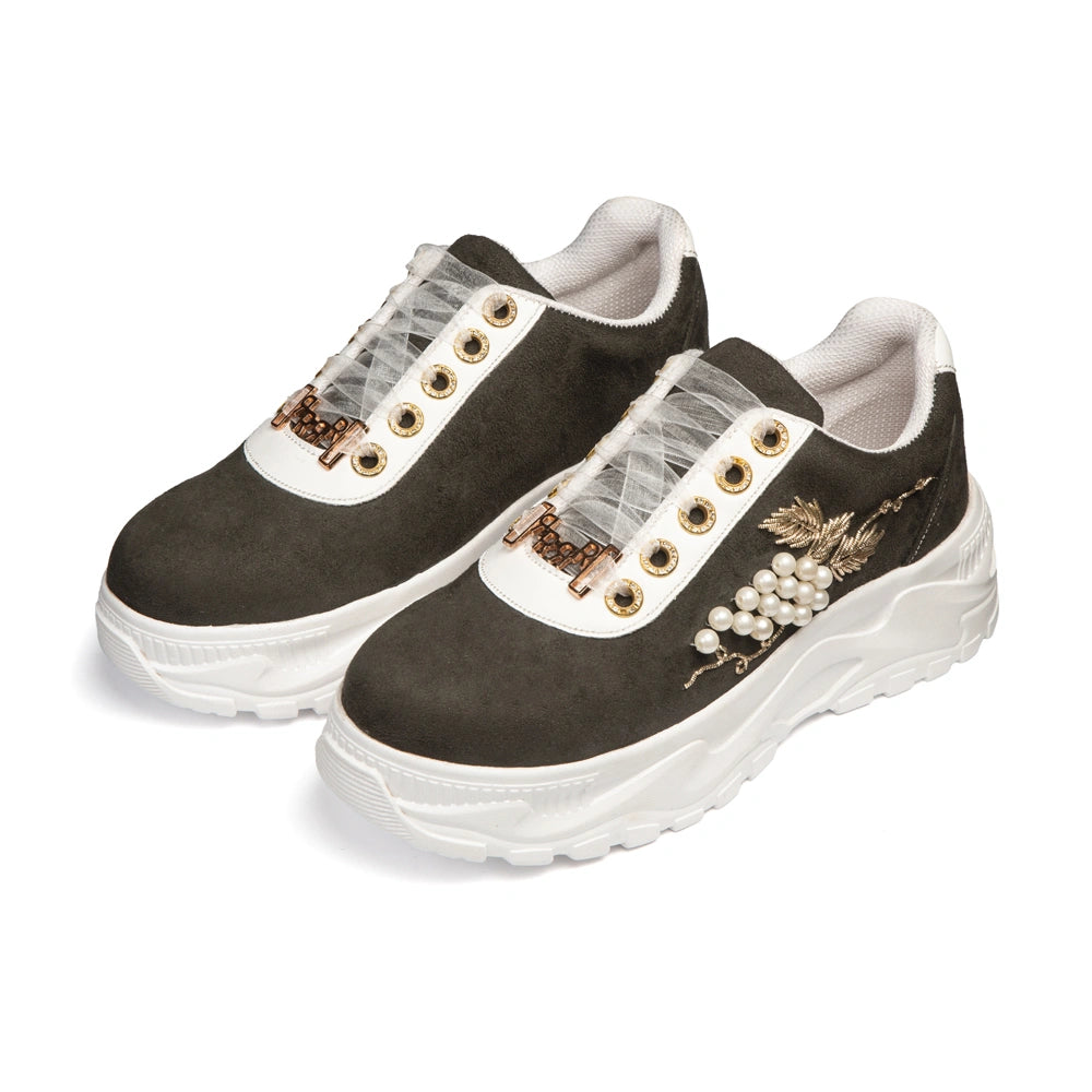 The Marcella Luxury Olive Pearl Satin Embellished Trainer