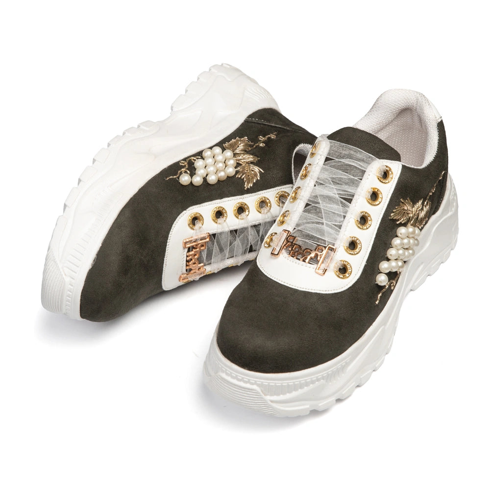 The Marcella Luxury Olive Pearl Satin Embellished Trainer