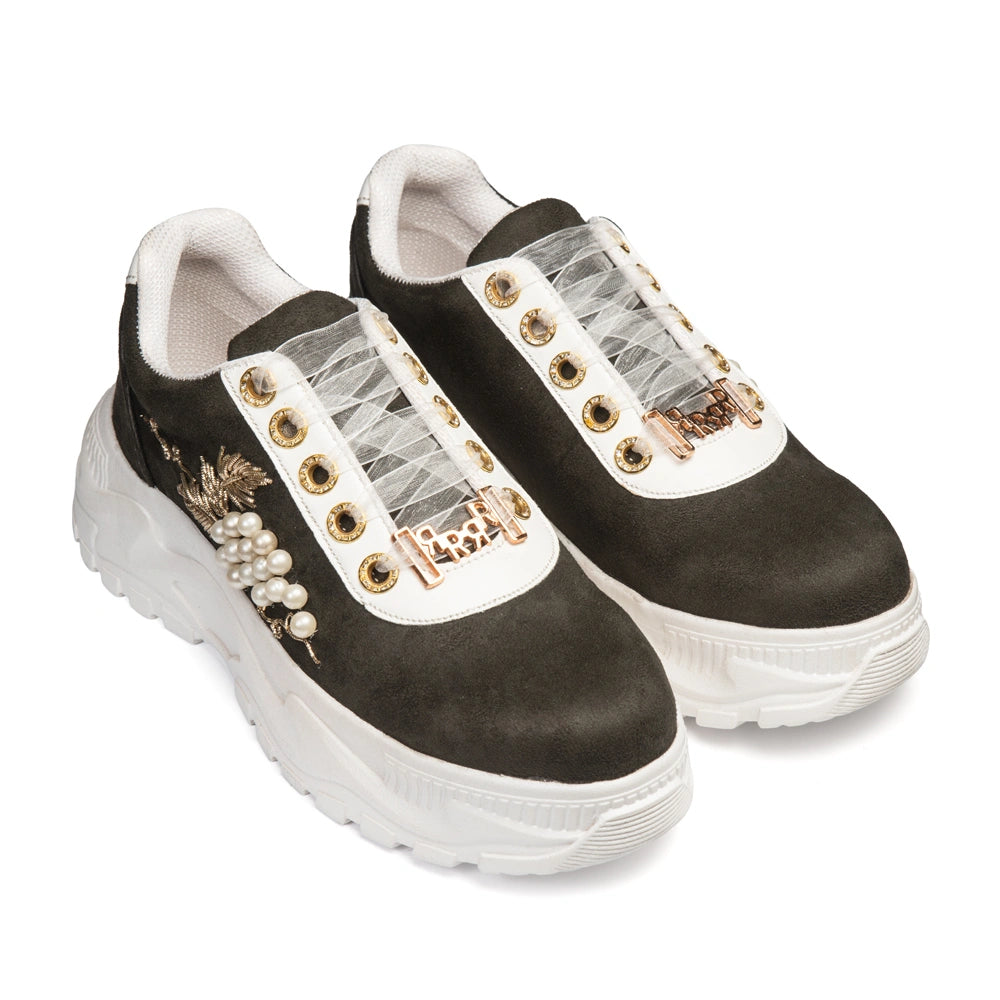 The Marcella Luxury Olive Pearl Satin Embellished Trainer