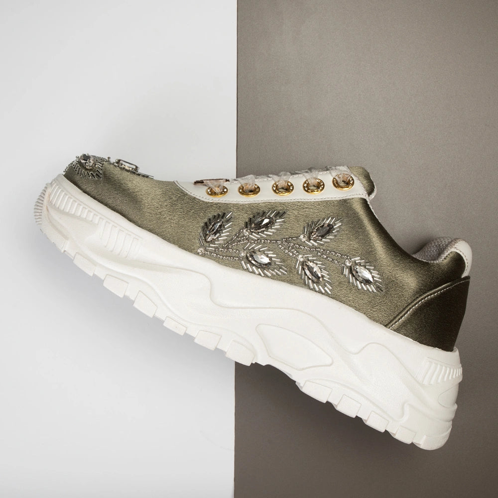 The Elira Luxury Sage Green Satin Embellished Trainer