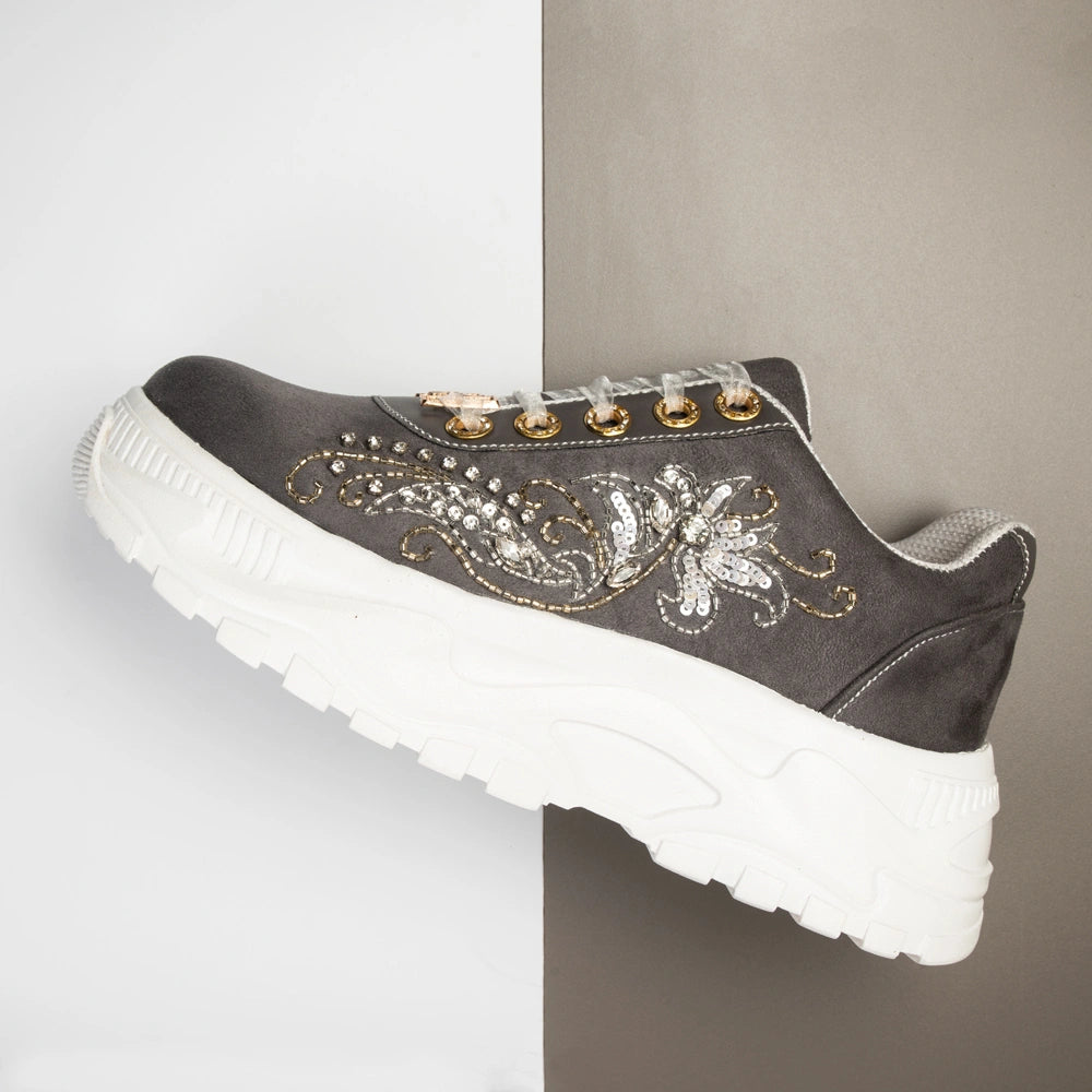 The Alessia Luxury Charcoal Satin Embellished Trainer