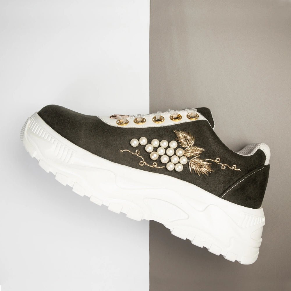 The Marcella Luxury Olive Pearl Satin Embellished Trainer