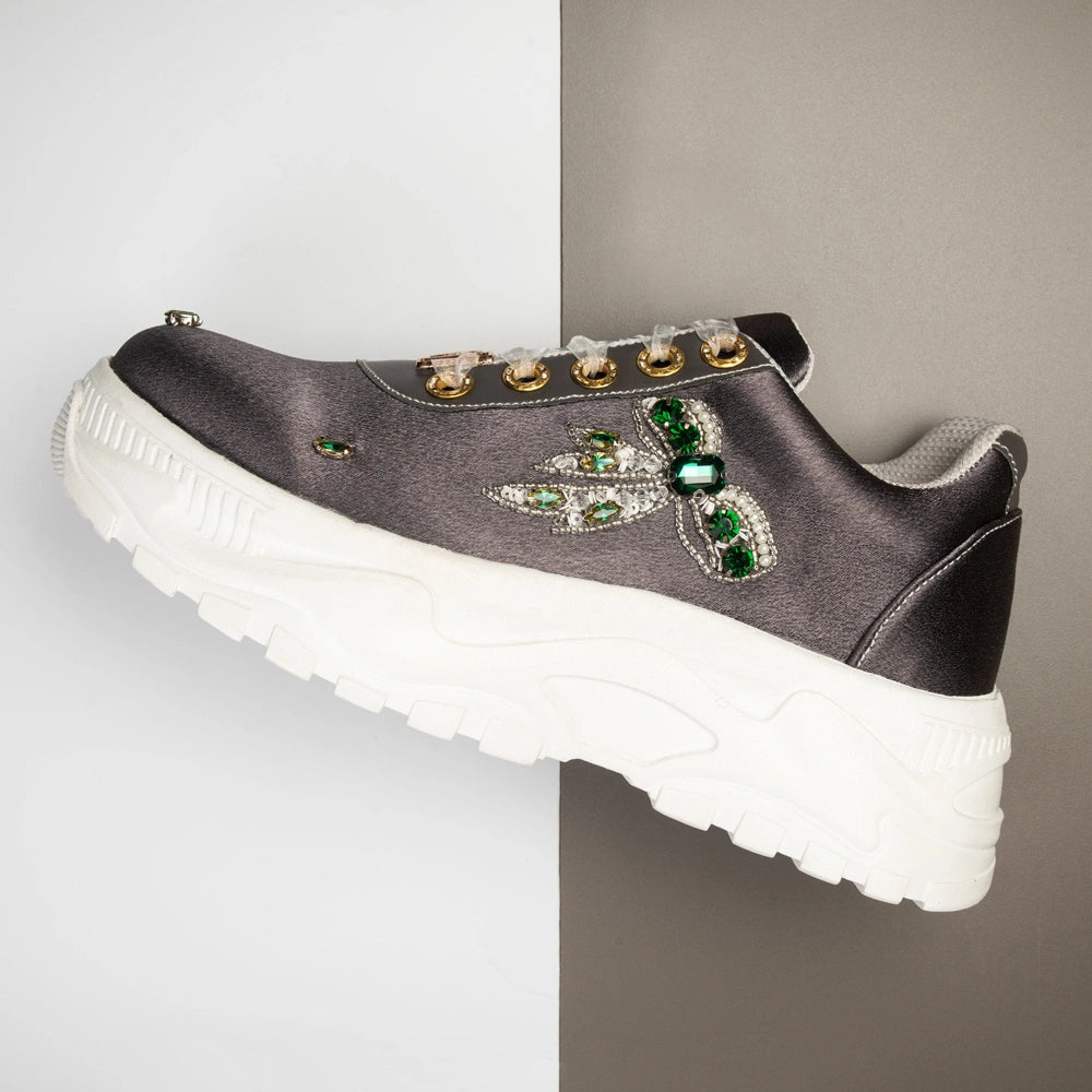 The Seraphina Luxury Grey Satin Embellished Trainer