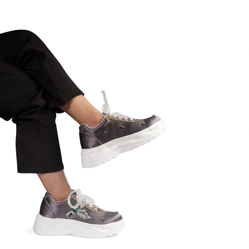 The Seraphina Luxury Grey Satin Embellished Trainer