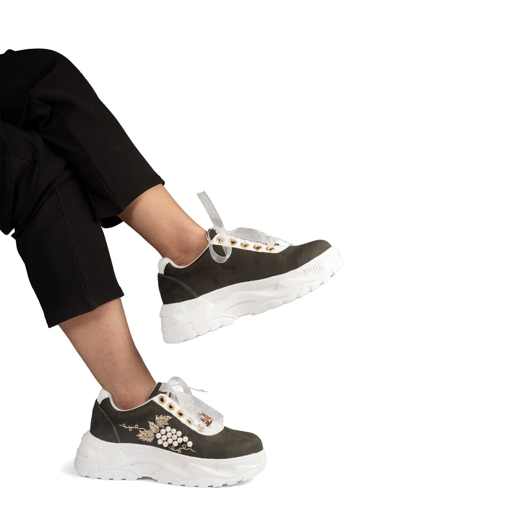 The Marcella Luxury Olive Pearl Satin Embellished Trainer