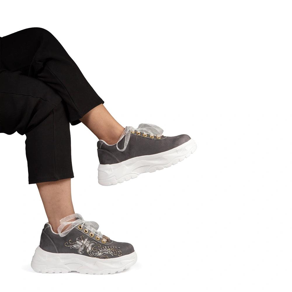 The Alessia Luxury Charcoal Satin Embellished Trainer