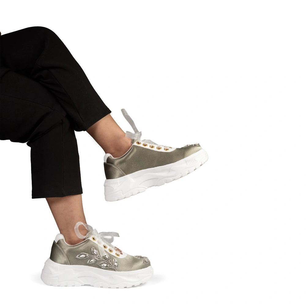 The Elira Luxury Sage Green Satin Embellished Trainer