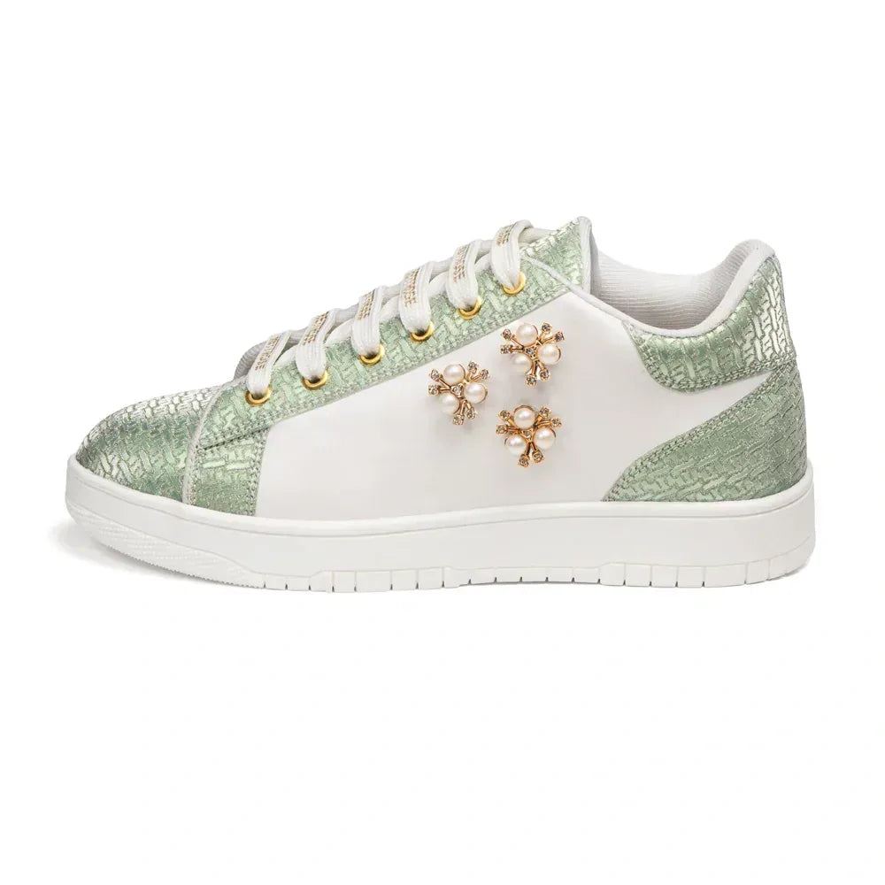 The Lattice Pearl White Mint Luxury Embellished Casual Sneaker