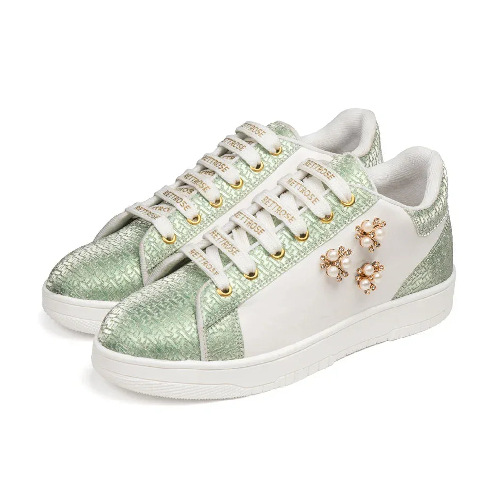 The Lattice Pearl White Mint Luxury Embellished Casual Sneaker
