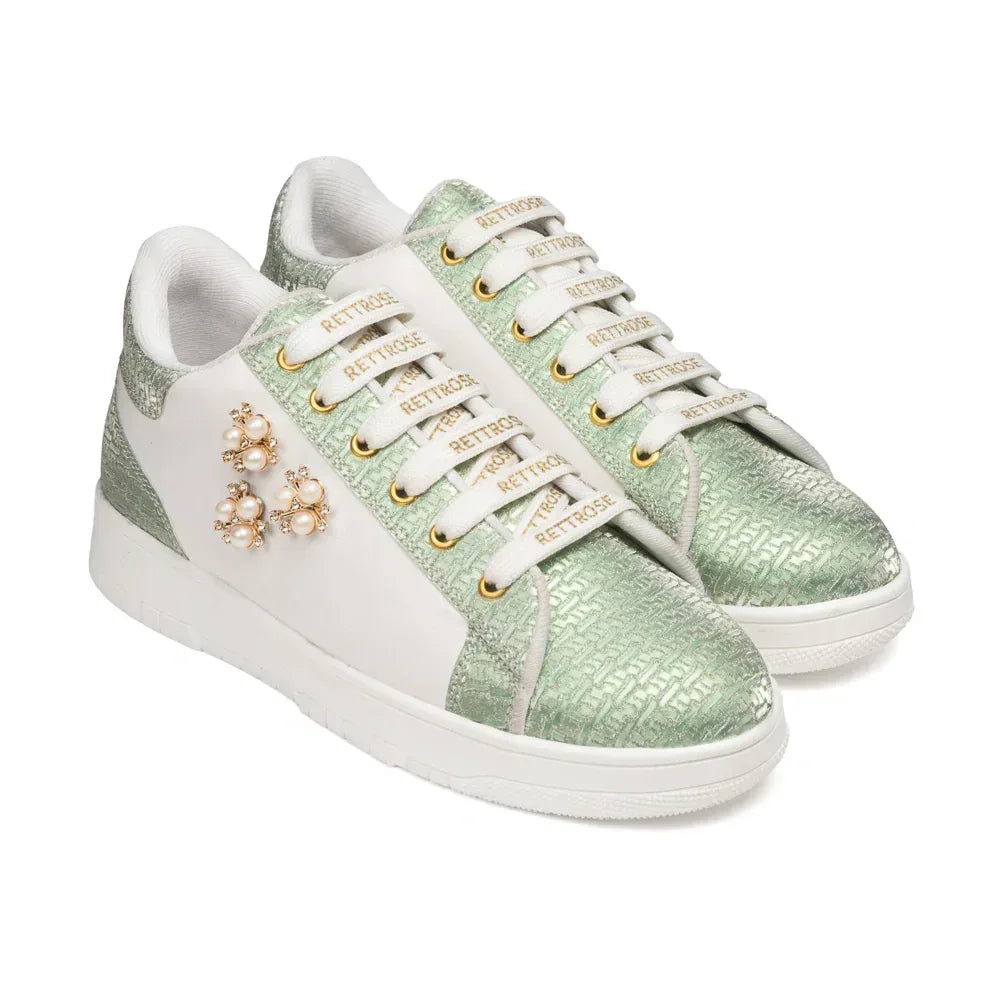 The Lattice Pearl White Mint Luxury Embellished Casual Sneaker