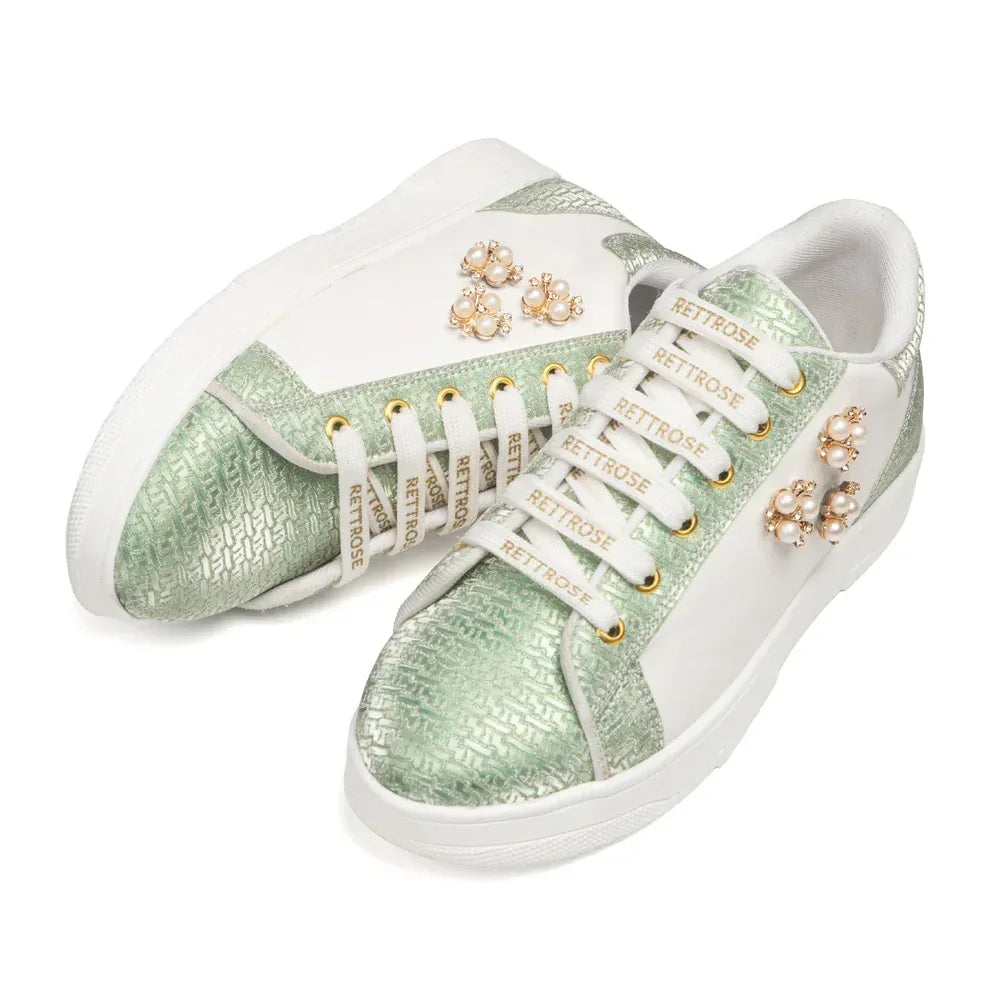 The Lattice Pearl White Mint Luxury Embellished Casual Sneaker