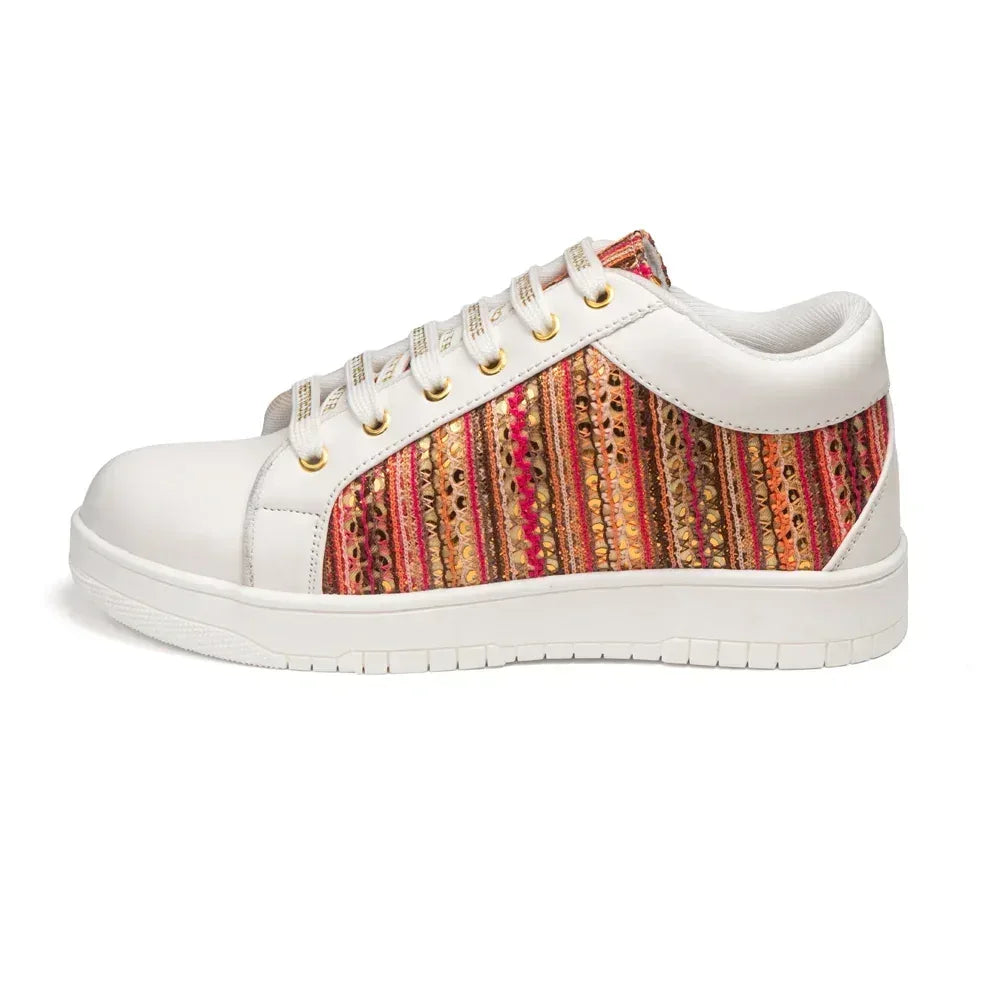 The Sunset Stitch White Red Luxury Embellished Casual Sneaker