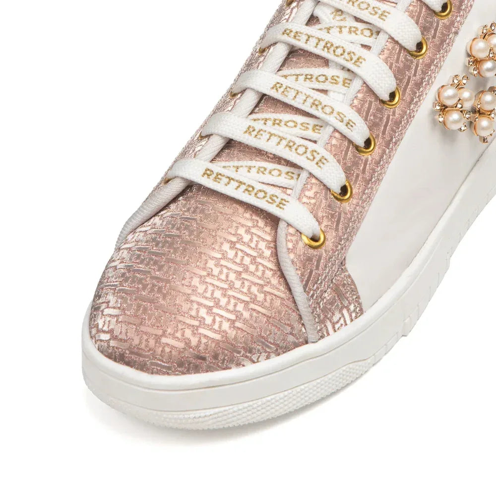 The Lattice Pearl White Peach Luxury Embellished Casual Sneaker