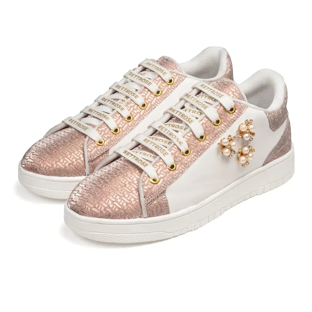 The Lattice Pearl White Peach Luxury Embellished Casual Sneaker