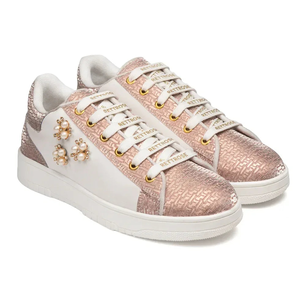 The Lattice Pearl White Peach Luxury Embellished Casual Sneaker