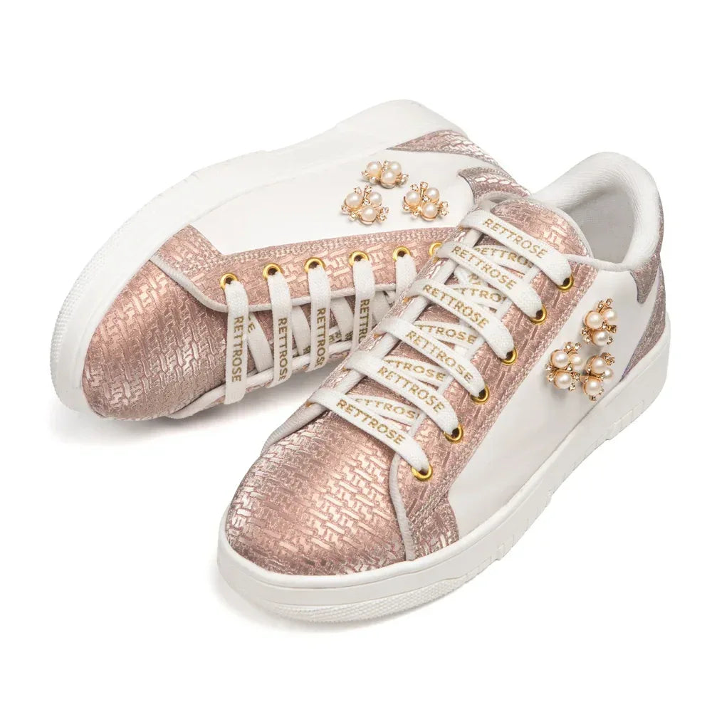The Lattice Pearl White Peach Luxury Embellished Casual Sneaker