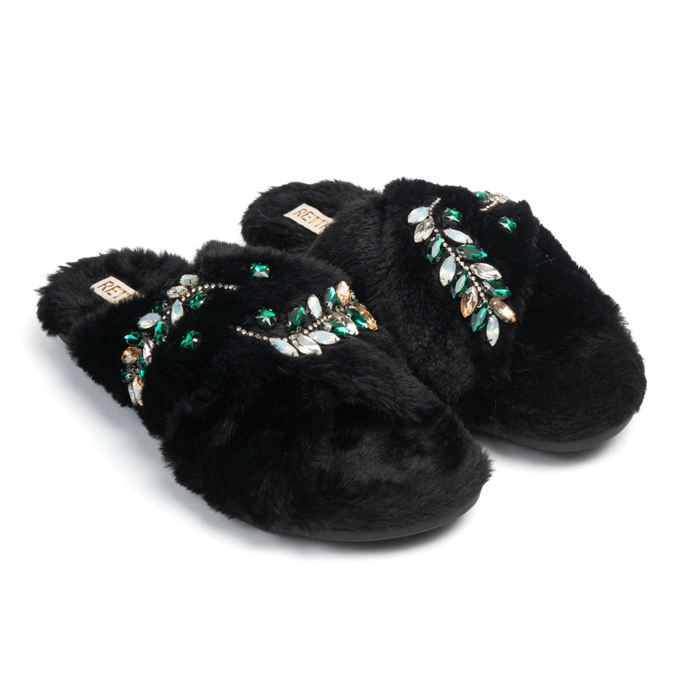 The Thea Black Luxury Fluffy Embellished Slippers