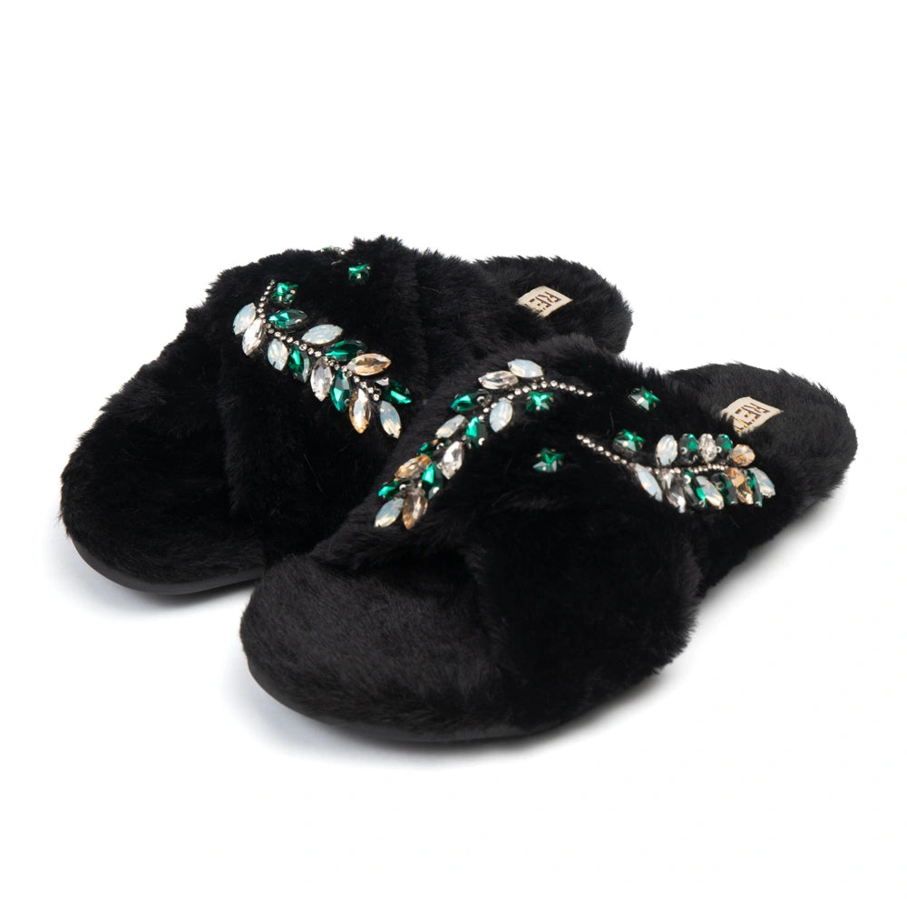 The Thea Black Luxury Fluffy Embellished Slippers