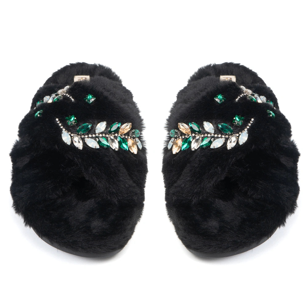 The Thea Black Luxury Fluffy Embellished Slippers