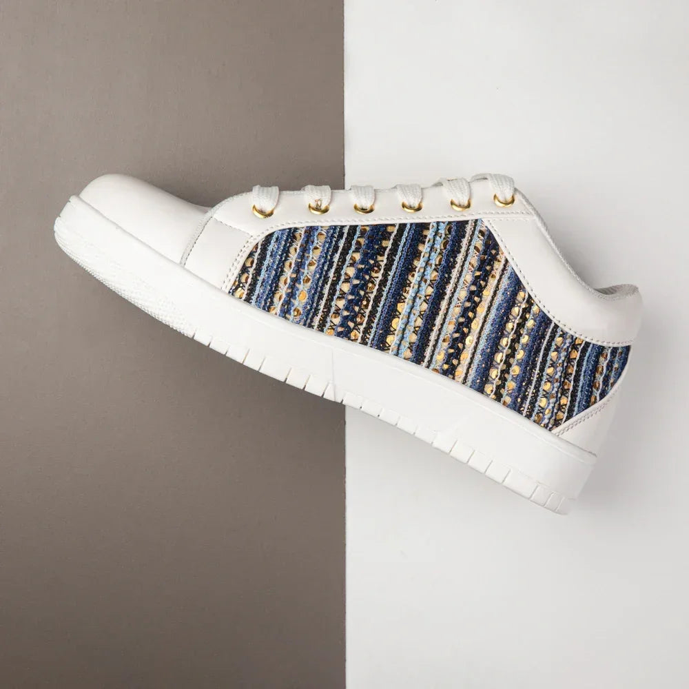 The Sunset Stitch White Blue Luxury Embellished Casual Sneaker