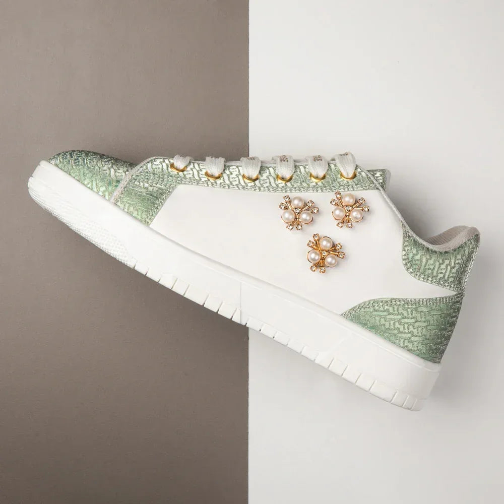 The Lattice Pearl White Mint Luxury Embellished Casual Sneaker