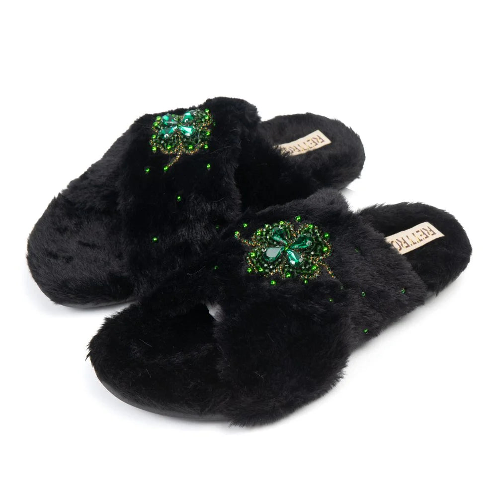 The Emma Noir Luxury Fluffy Embellished Slippers