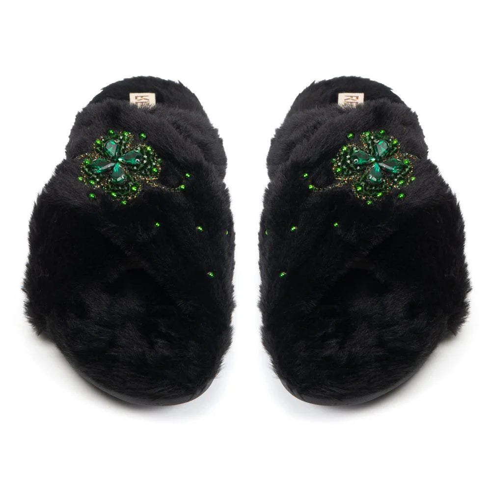 The Emma Noir Luxury Fluffy Embellished Slippers