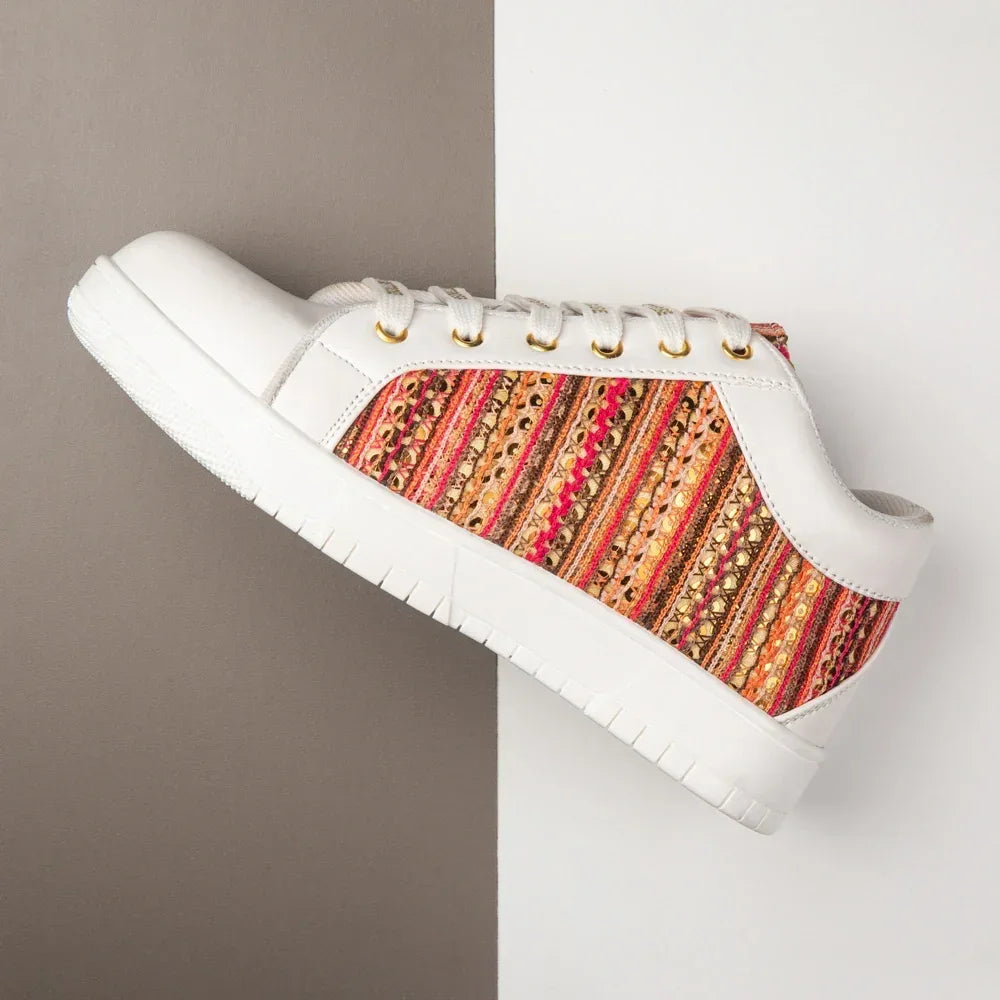 The Sunset Stitch White Red Luxury Embellished Casual Sneaker