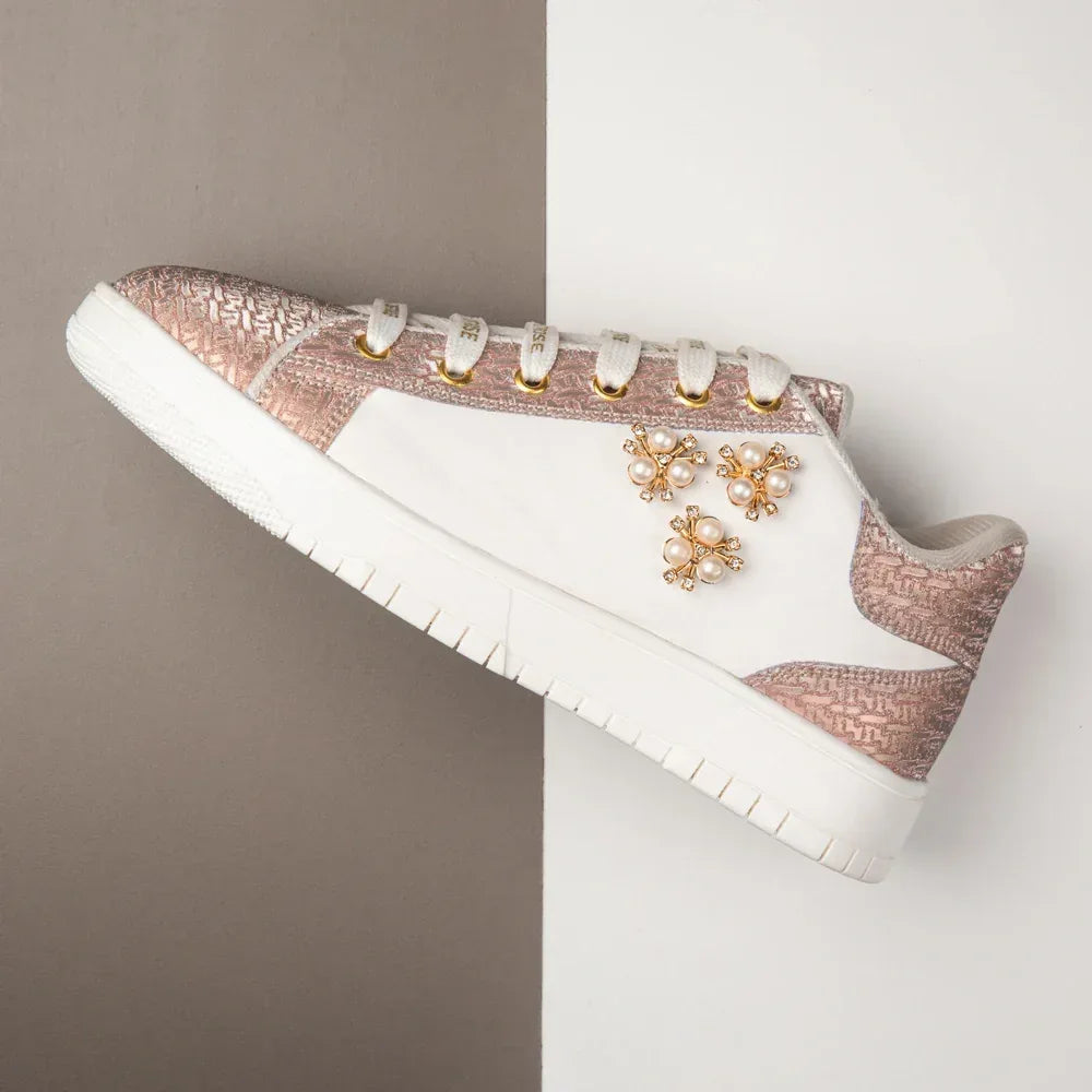 The Lattice Pearl White Peach Luxury Embellished Casual Sneaker