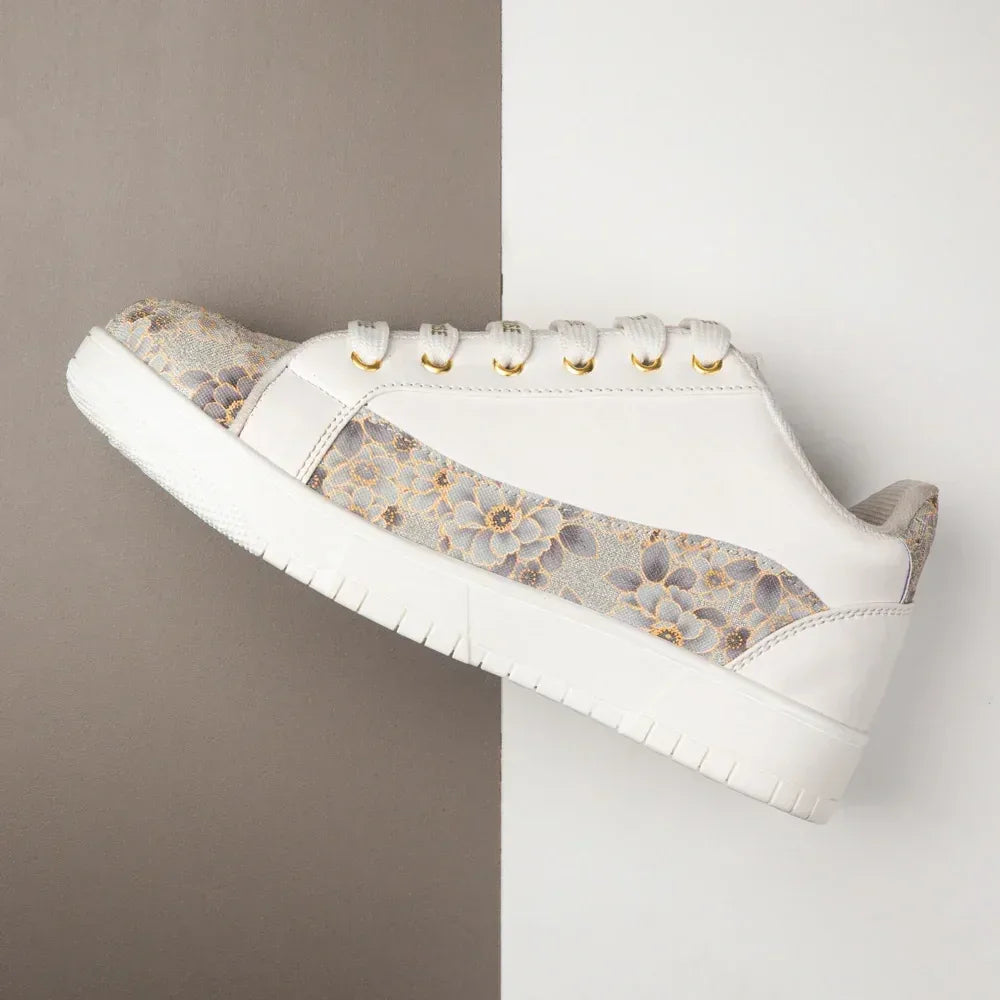 The Mosaic Rose White Gray Luxury Embellished Casual Sneaker
